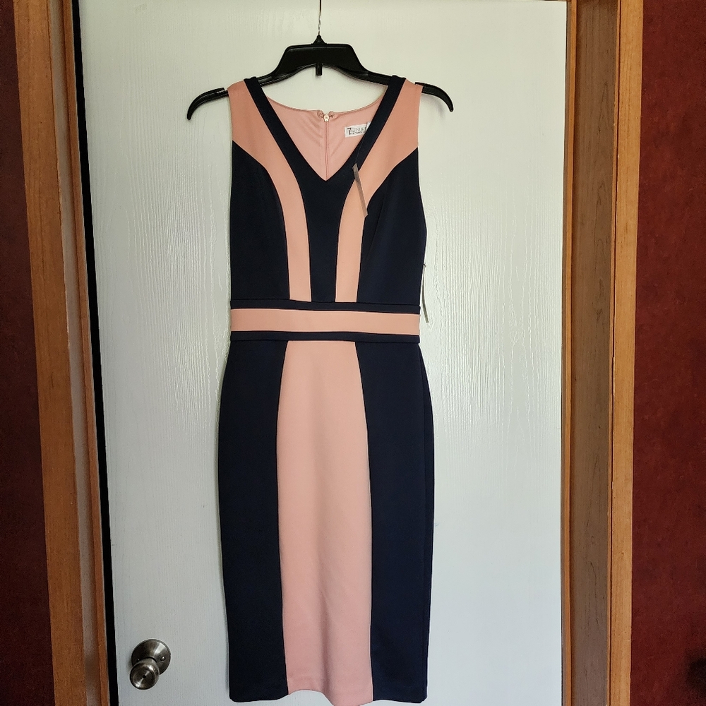 New York and Company Blue and Pink Sheath Midi Dress V-Neck Sleeveless Size XS
